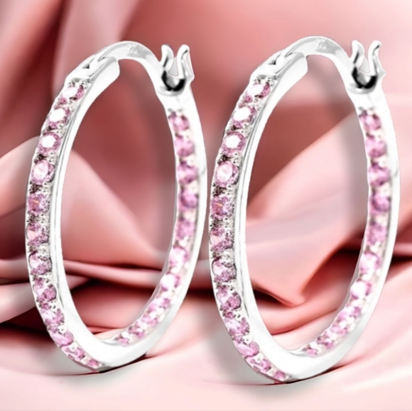 🔥PRICE DROP🔥NWT SIMULATED PINK DIAMOND HOOP EARRINGS IN STERLING SILVER - Picture 5 of 9